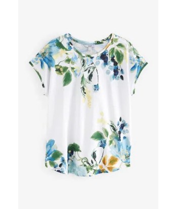 Ecru White Floral Short Sleeve Crew Neck Slub T-Shirt suggérées chez